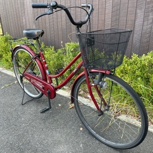 ママチャリ自転車 26インチ カゴ＆鍵付き 変速なし ワインレッド