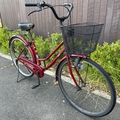 ママチャリ自転車 26インチ カゴ＆鍵付き 変速なし ワインレッド