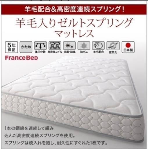 跳ね上げ収納付、セミダブルベッド、フランスベッドマットレス