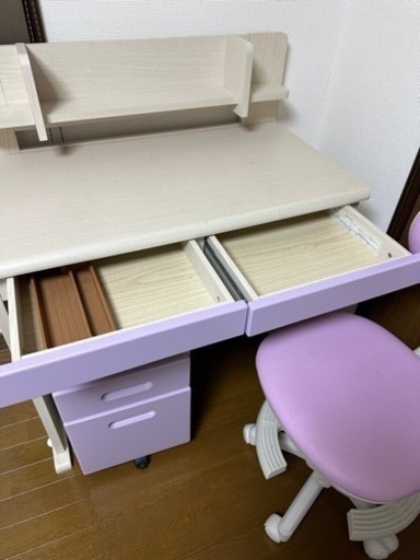 美品！学習机　パープル　椅子、キャビネット付