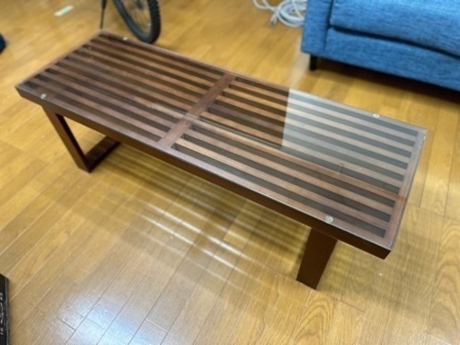 【値下げしました】ガラス　ローテーブル　ネルソンベンチ風　ウッド仕立て