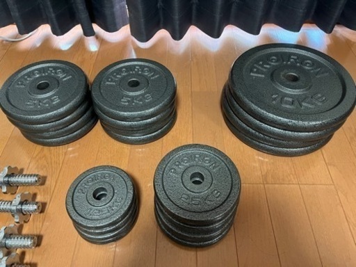 【取引中】[値下げ]激安ダンベル、プレート、プレートラック(筋トレグッズ)