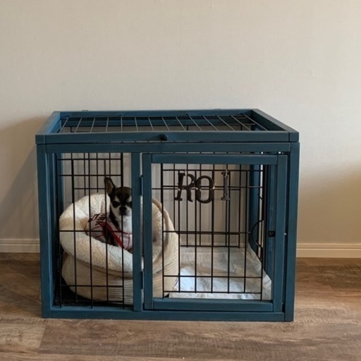 アンティークブルーの犬小屋★木製　小型犬