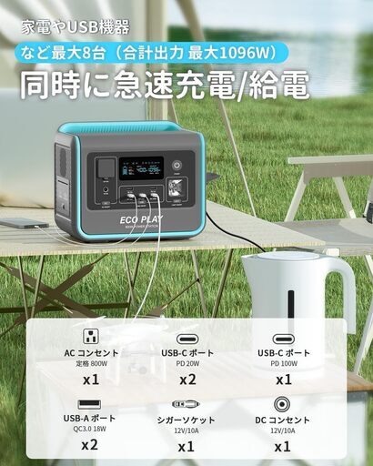 eco play EP800 ポータブル電源 リン酸鉄リチウム 512Wh AC 出力800W(瞬間最大1200W) 1.5時間満充電