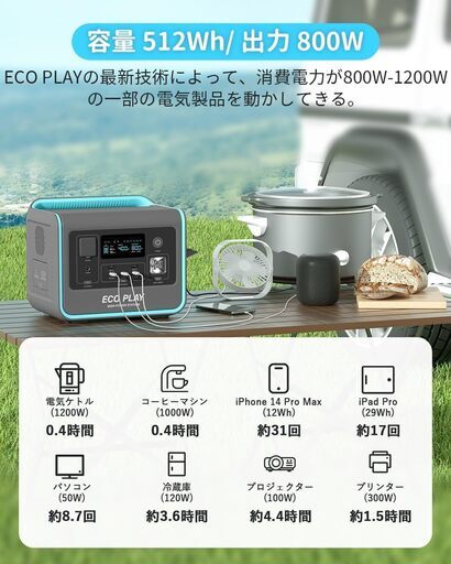 eco play EP800 ポータブル電源 リン酸鉄リチウム 512Wh AC 出力800W(瞬間最大1200W) 1.5時間満充電