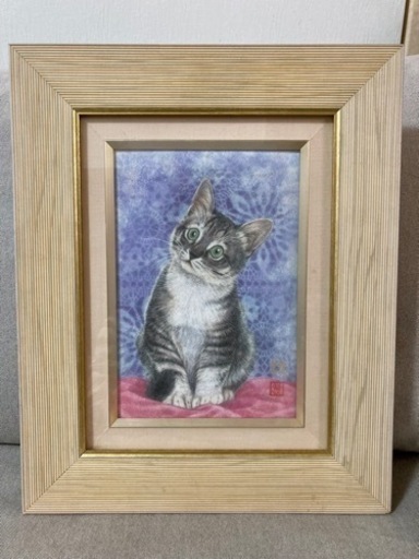 値下げ　広森雄(雄三)「猫」日本画 額装品 / ねこ 静物画 /