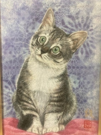 値下げ　広森雄(雄三)「猫」日本画 額装品 / ねこ 静物画 /