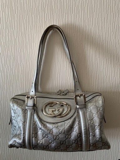 GUCCI ミニボストン ハンドバッグ レザー シルバー