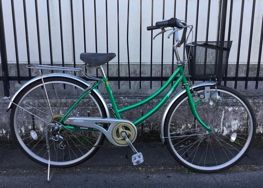 ＜整備済＞シティサイクル・26インチ自転車・6段変速・鍵付き・グリーン・お掃除済ですぐ乗れます