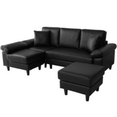 ソファー 3人掛け カウチソファー  肘付き カウチソファ オットマン レザー ブラックの画像