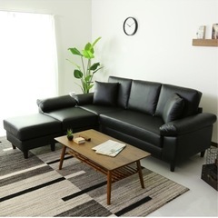 ソファー 3人掛け カウチソファー  肘付き カウチソファ オットマン レザー ブラックの画像