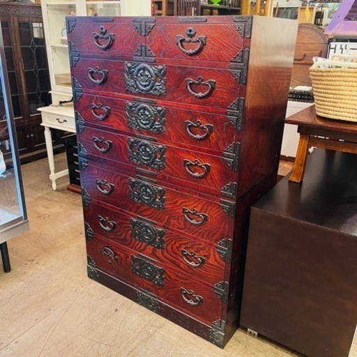 《売約済》【45万】美品　岩谷堂箪笥　チェスト　欅材　ケヤキ材　整理箪笥　漆塗　伝統工芸　和家具　収納　衣類　検　岩谷堂　箪笥　南部鉄器　和箪笥　7段　8杯　牡丹　みちのく　セパレート　上下　分割　対でも使える　ハイチェスト　でも　ローチェスト×2  でも