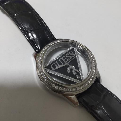 GUESSゲス／スワロフスキー腕時計・黒革ベルト・現状稼働品