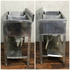 🔷🔶🔷WU1/1 【厨房機器】ステンレス 2槽 シンク 流し台 2層 業務用 厨房機器 洗い場 飲食店などに W90×D45×H81cm ※錆多 現状販売 ジャンク🔷🔶🔷の画像