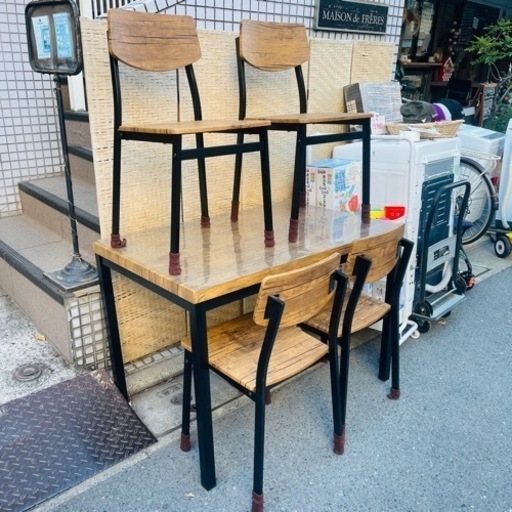 【売約済み】　ダイニングセット　ダイニングテーブル　ダイニングチェア　5点セット　検　インダストリアル　スチール　アイアン　木目調　ブラウン