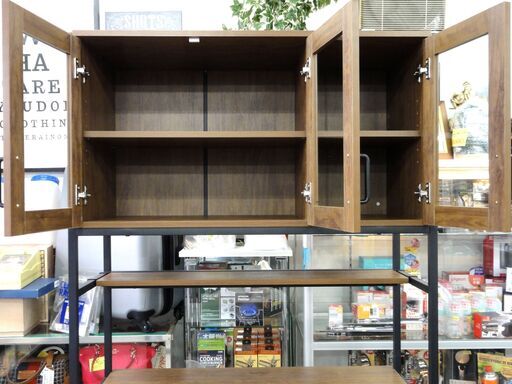 インダストリアル風デザイン 食器棚 上下分割可能 幅94×奥40×高183㎝ アイアン×ウッド風 ブラック×ブラウン 収納 家具 レン