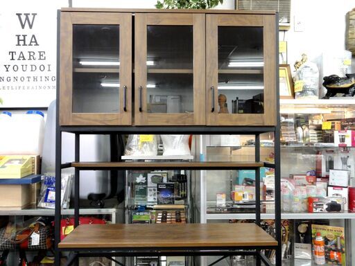 インダストリアル風デザイン 食器棚 上下分割可能 幅94×奥40×高183㎝ アイアン×ウッド風 ブラック×ブラウン 収納 家具 レン