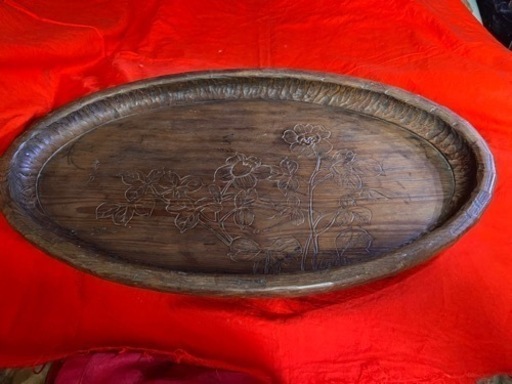 アンティーク　骨董　民藝　欅材　ボタンの花かな？くり盆　楕円形