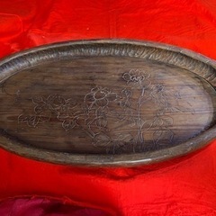 アンティーク　骨董　民藝　欅材　ボタンの花かな？くり盆　楕円形