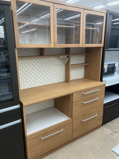 【値下げしました!!】東馬 3面レンジボード キッチンボード 大型家具 ナチュラルカラー ライトブラウン 木目 食器棚 ガラス扉 No.378● ※現金、クレジット、スマホ決済対応※