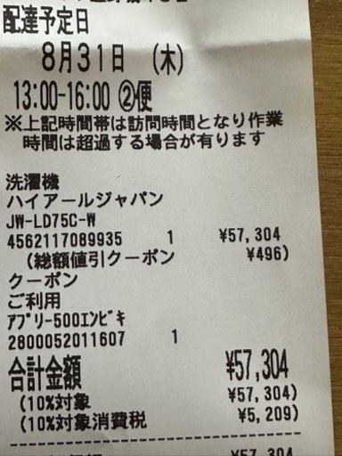 洗濯機(ほぼ未使用)