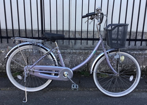 ＜整備済＞ママチャリ・24インチ自転車・変速なし・鍵付き・パープル・お掃除済みですぐ乗れます