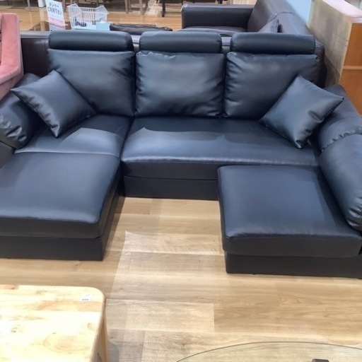 【トレファク神戸南店】コーナーソファーオットマン付き合皮ブラック【取りに来られる方限定】