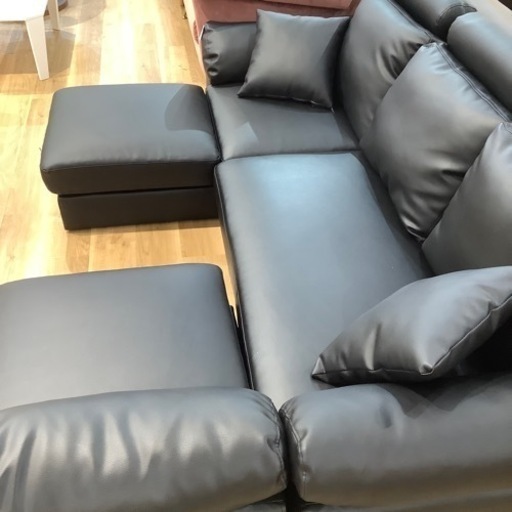 【トレファク神戸南店】コーナーソファーオットマン付き合皮ブラック【取りに来られる方限定】