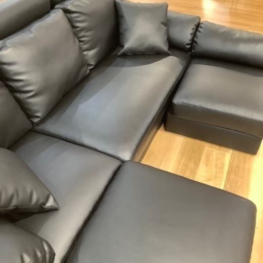 【トレファク神戸南店】コーナーソファーオットマン付き合皮ブラック【取りに来られる方限定】