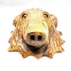 【送料無料】民芸品 木彫り熊 面 マスク レリーフ 豚熊？ 北海道の画像