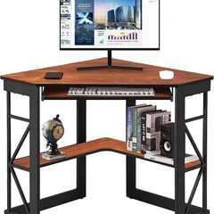 デスク 机 コーナーデスク つくえ PCデスク パソコンデスク 学習机 チーク 幅104cm×奥行71cm×高さ76cm 三角 コンパクト 収納棚付き キーボードトレイ付き  新品の画像