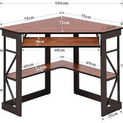 デスク 机 コーナーデスク つくえ PCデスク パソコンデスク 学習机 チーク 幅104cm×奥行71cm×高さ76cm 三角 コンパクト 収納棚付き キーボードトレイ付き  新品の画像