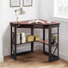 デスク 机 コーナーデスク つくえ PCデスク パソコンデスク 学習机 チーク 幅104cm×奥行71cm×高さ76cm 三角 コンパクト 収納棚付き キーボードトレイ付き  新品の画像