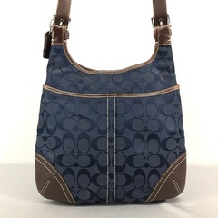 COACH コーチ シグネチャー×レザー 斜め掛けショルダーバッグバッグ ネイビー ミニショルダー の画像