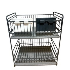 パール金属 鉄 食器 水切り かご 2段 スリム ダークグレー 珪藻土トレー付の画像