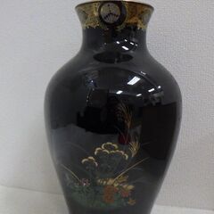 #10336 正峰謹製 花瓶  菊花 赤丸敷布付 ブラック 花器 陶器 箱付 中古品 インテリア 漆器 モダン アンティーク の画像