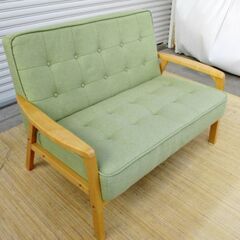 二人掛ソファ　ラブソファ　木製フレーム×ファブリック　薄緑　ライトグリーン　おしゃれ　きれい　ベンチ　布　北欧　ナチュラルの画像