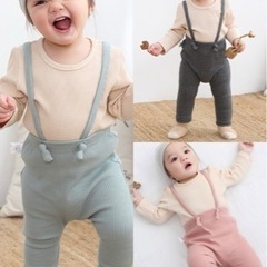 レギンス サロペット 肩紐付き サスペンダー付き リブニット ロングパンツの画像