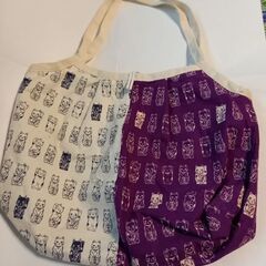 値下げ★ハンドメイド品購入★招き猫柄　紫色と白色の手提げ