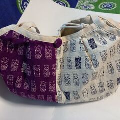 値下げ★ハンドメイド品購入★招き猫柄　紫色と白色の手提げの画像