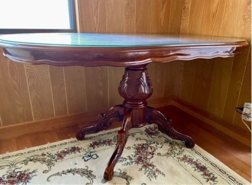 イタリア製象嵌アンティーク調木製テーブル＋カバーガラス