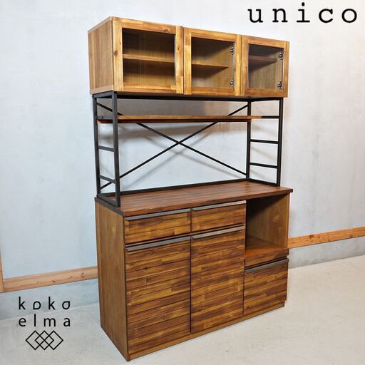unico(ウニコ)のSWELLA(スウェラ)キッチンボードです。アカシア材を使用したラフでカジュアルな印象の食器棚。西海岸スタイルや男前インテリアなどにオススメのカップボードです！DL204