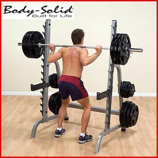 状態良好 BodySolid マルチプレスステーション・スクワットラック+BodySolid オリンピックプレートツリー&IROTECオリンピックプレート(オールラバー仕様) 計115KG＋オリンピックバー&オリンピックWバーセット 手渡し希望/自社配送可能（配送エリアについてお問い合わせください)