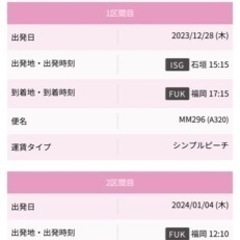 12/28〜1/4 石垣-福岡往復航空チケット女性1名