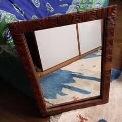 ★値下げ★ 手作り皮籐細工◆落ち着いた柄縁　鏡◆