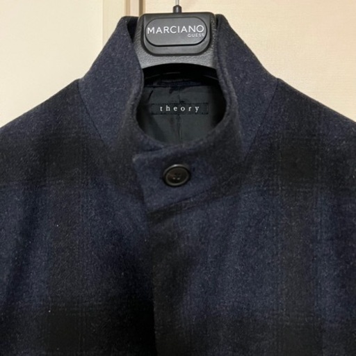 Theory セオリー Belvin チェックスタンドカラーコート ネイビー