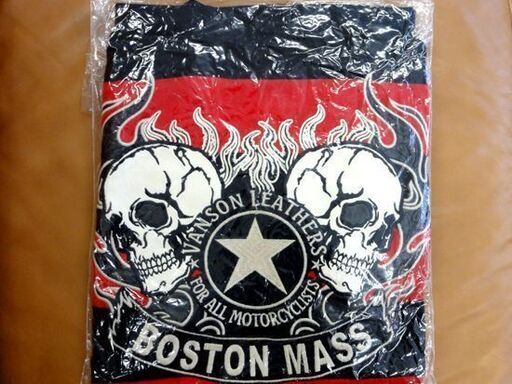 未使用 VANSON BOSTON MASS ロングTシャツ Mサイズ ボーダー RED×BLK 一部レザー使用 刺繍 バンソン ロンT バックプリント 札幌市 中央区 南12条