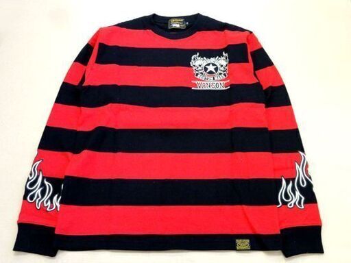 未使用 VANSON BOSTON MASS ロングTシャツ Mサイズ ボーダー RED×BLK 一部レザー使用 刺繍 バンソン ロンT バックプリント 札幌市 中央区 南12条