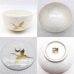 ss5841　未使用品　蓋付煎茶揃え　5客セット　前畑陶器　庫山窯　夫婦鶴　白地　金彩　湯呑　共箱入り　ゆのみ　こざん窯　蓋付き茶碗　茶器　陶磁器　お茶　日本茶　上品　和食器の画像