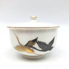 ss5841　未使用品　蓋付煎茶揃え　5客セット　前畑陶器　庫山窯　夫婦鶴　白地　金彩　湯呑　共箱入り　ゆのみ　こざん窯　蓋付き茶碗　茶器　陶磁器　お茶　日本茶　上品　和食器の画像